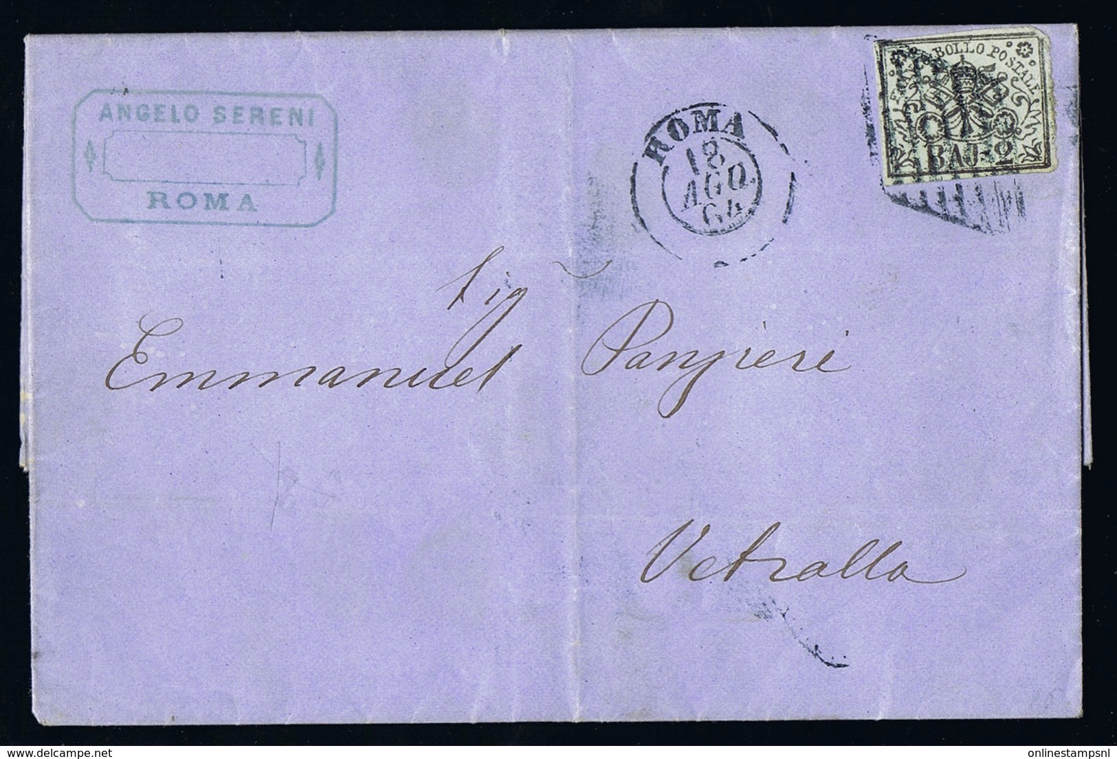 Italy Papel States: Complete Letter 1864 Sa 3  Roma  -> Vetralla - Papal States