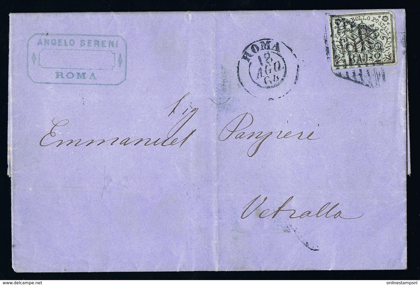 Italy Papel States: Complete Letter 1864 Sa 3  Roma  -> Vetralla - Etats Pontificaux