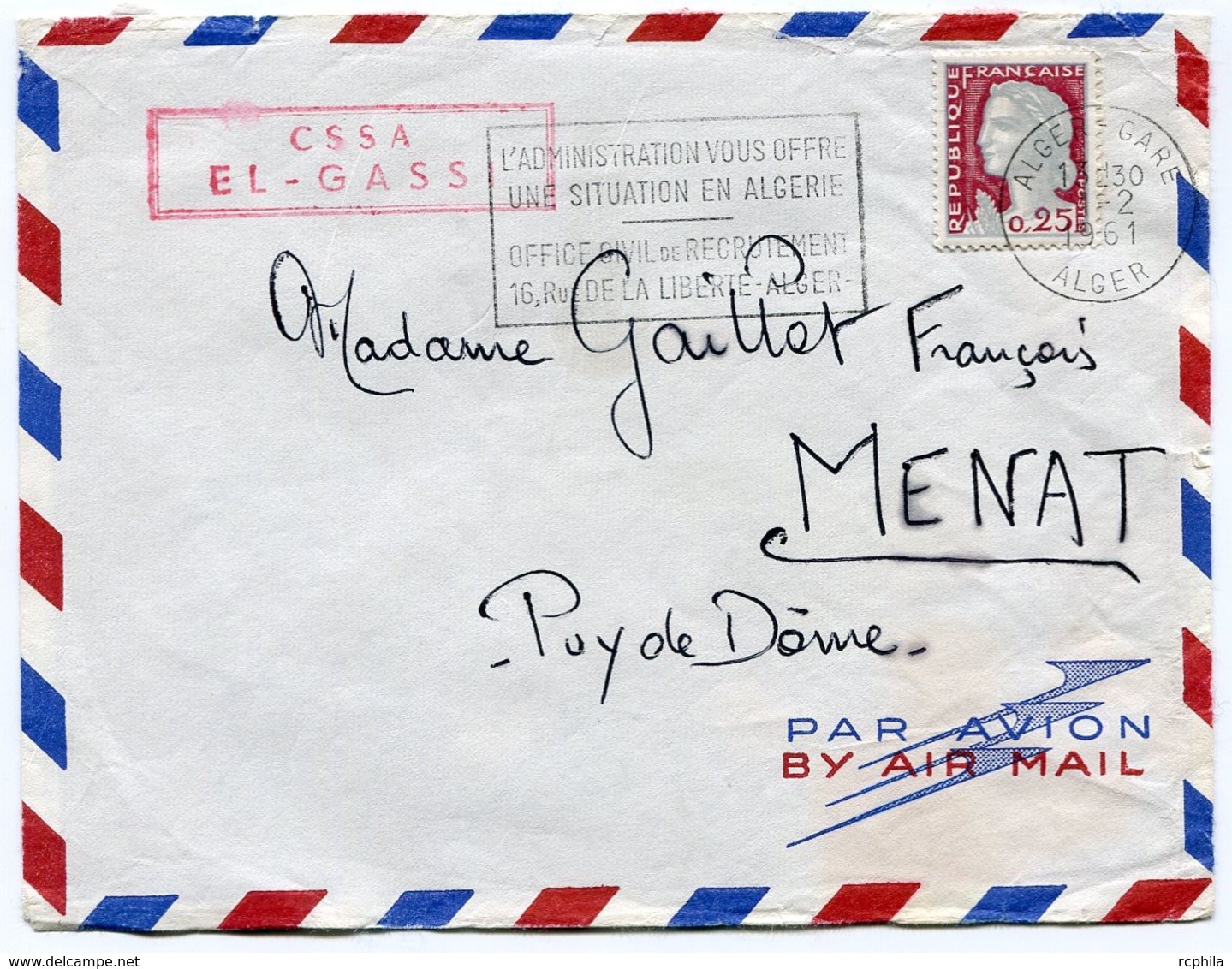 RC 14493 ALGERIE 1961 LETTRE OBL. FLAMME L'ADMINISTRATION VOUS OFFRE UNE SITUATION EN ALGERIE + GRIFFE CSSA EL-GASSI - Briefe U. Dokumente