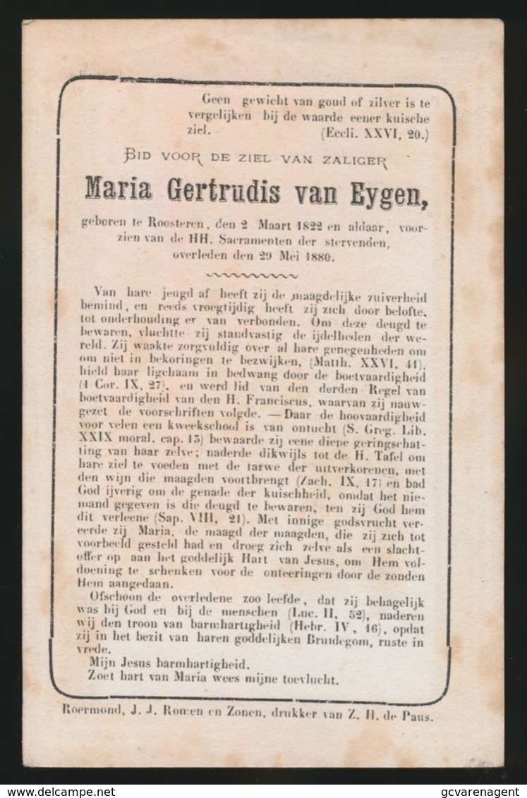 ST. GEORGES - ADEL - MARIA GERTRUDIS Van  EYGEN - ROOSTEREN 1822 - 1880   2 AFBEELDINGEN - Todesanzeige
