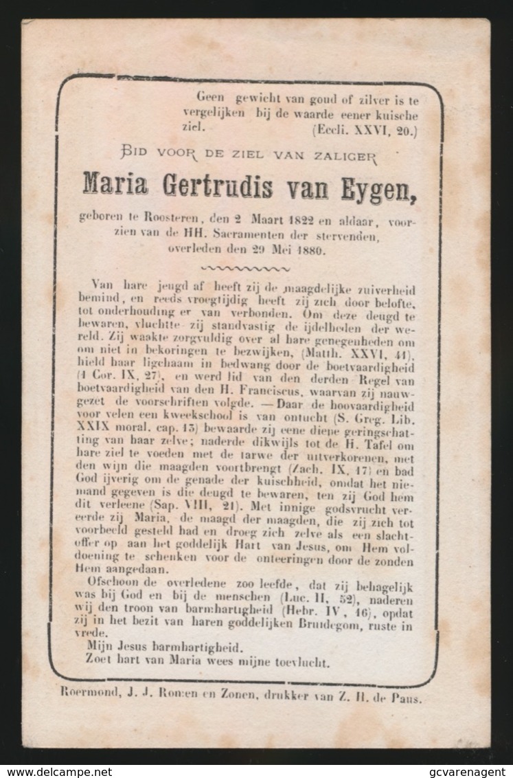 ST. GEORGES - ADEL - MARIA GERTRUDIS Van  EYGEN - ROOSTEREN 1822 - 1880   2 AFBEELDINGEN - Avvisi Di Necrologio