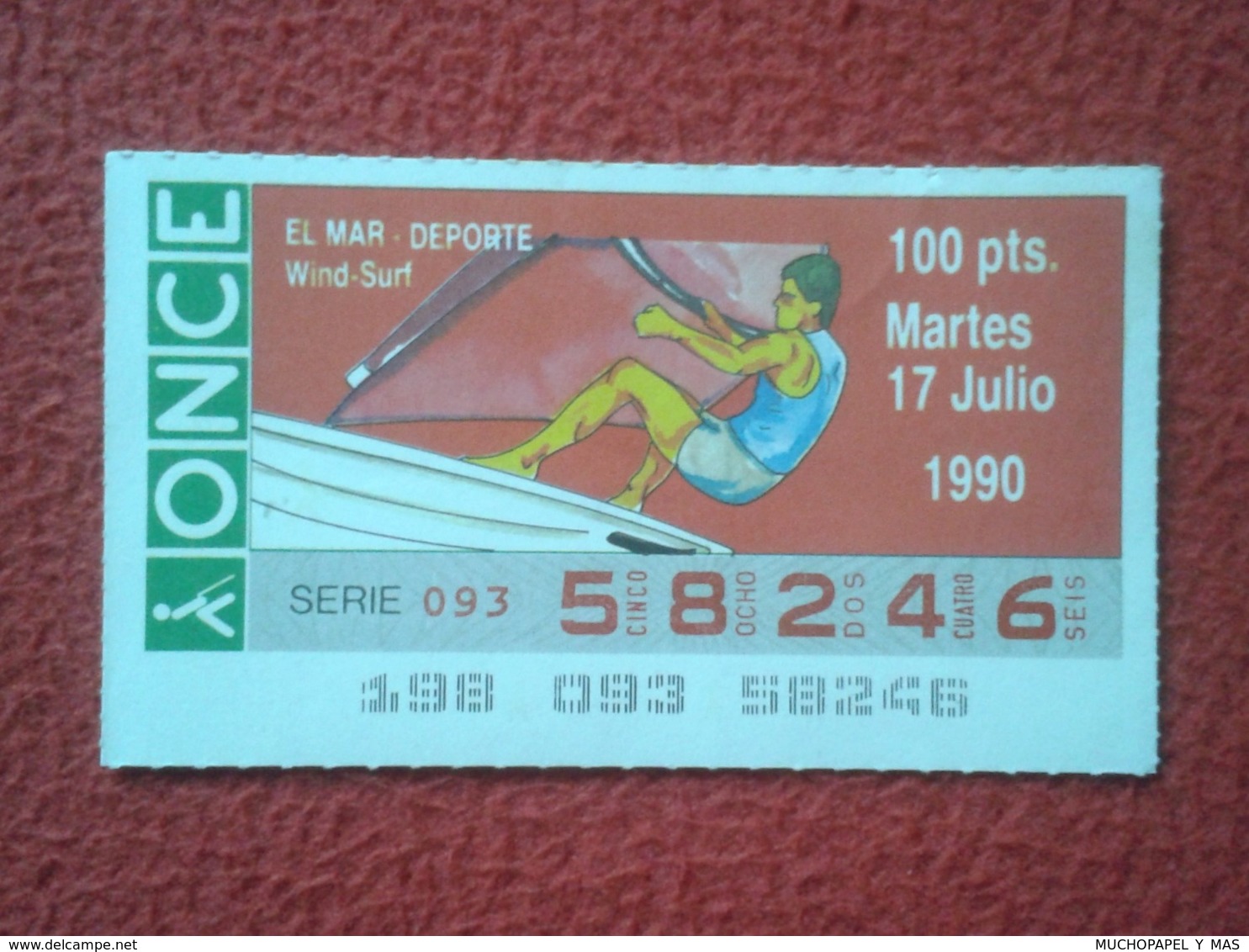 CUPÓN DE ONCE LOTTERY SPAIN LOTERÍA ESPAGNE EL MAR THE SEA LA MER 1990 DEPORTE WIND-SURF WINDSURF WINDSURFING SPORT VELA - Billetes De Lotería