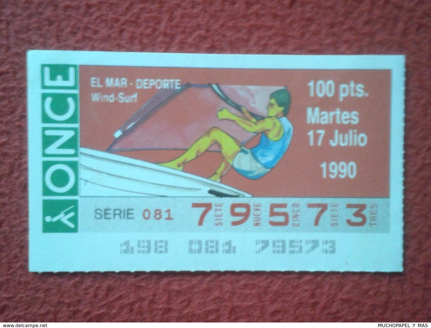 CUPÓN DE ONCE LOTTERY SPAIN LOTERÍA ESPAGNE EL MAR THE SEA LA MER 1990 DEPORTE WIND-SURF WINDSURF WINDSURFING SPORT VELA - Billetes De Lotería