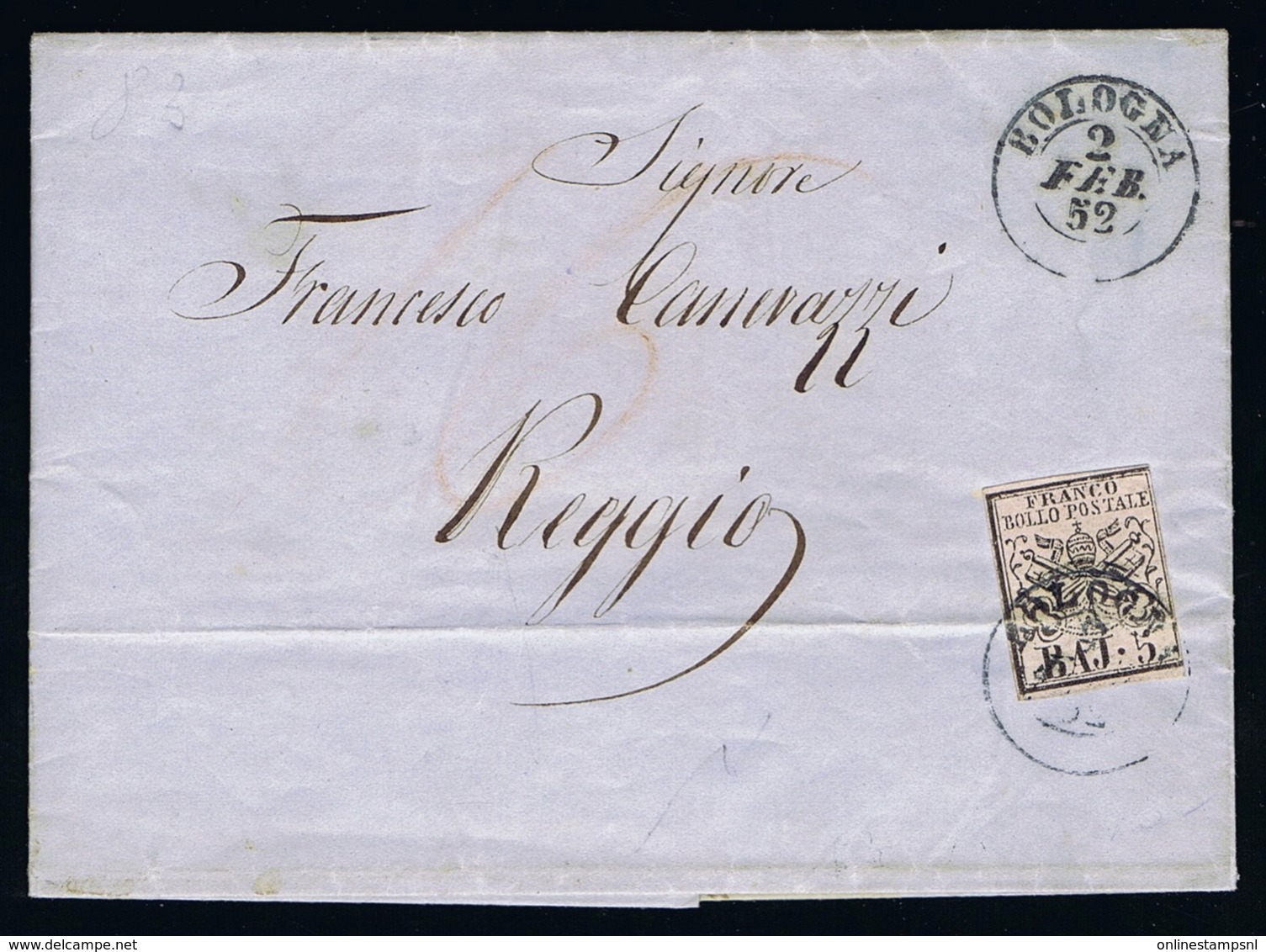 Italy Papel States: Complete Letter Sa 6 Bologna -> Regio 1852 - Kerkelijke Staten