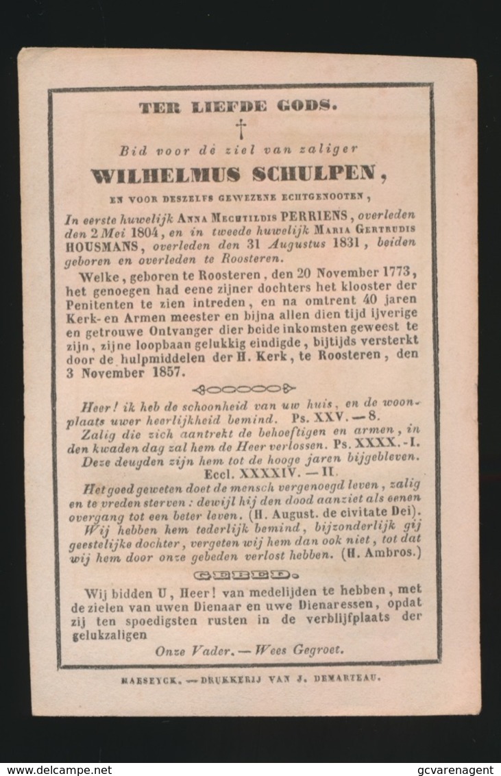 WILHELMUS SCHULPEN -  ROOSTEREN 1773 - 1857    2 AFBEELDINGEN - Overlijden