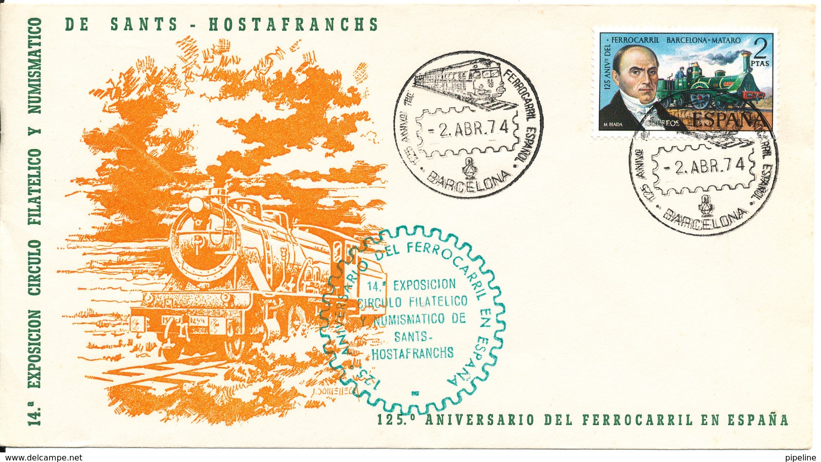 Spain Special Cover And Postmark Barcelona 2-4-1974 14th Exhibition Philatelic And Numismatic LOCOMOTIV Cachet - Briefe U. Dokumente