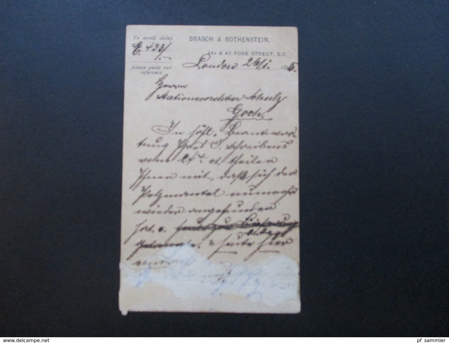 GB 1895 Ganzsache Mit Zusatzfrankatur Nr. 86 Stempel London E.C. Nach Goch Gesendet! Brasch & Rothenstein London - Lettres & Documents