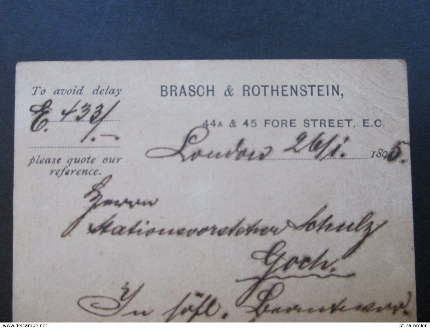 GB 1895 Ganzsache Mit Zusatzfrankatur Nr. 86 Stempel London E.C. Nach Goch Gesendet! Brasch & Rothenstein London - Lettres & Documents