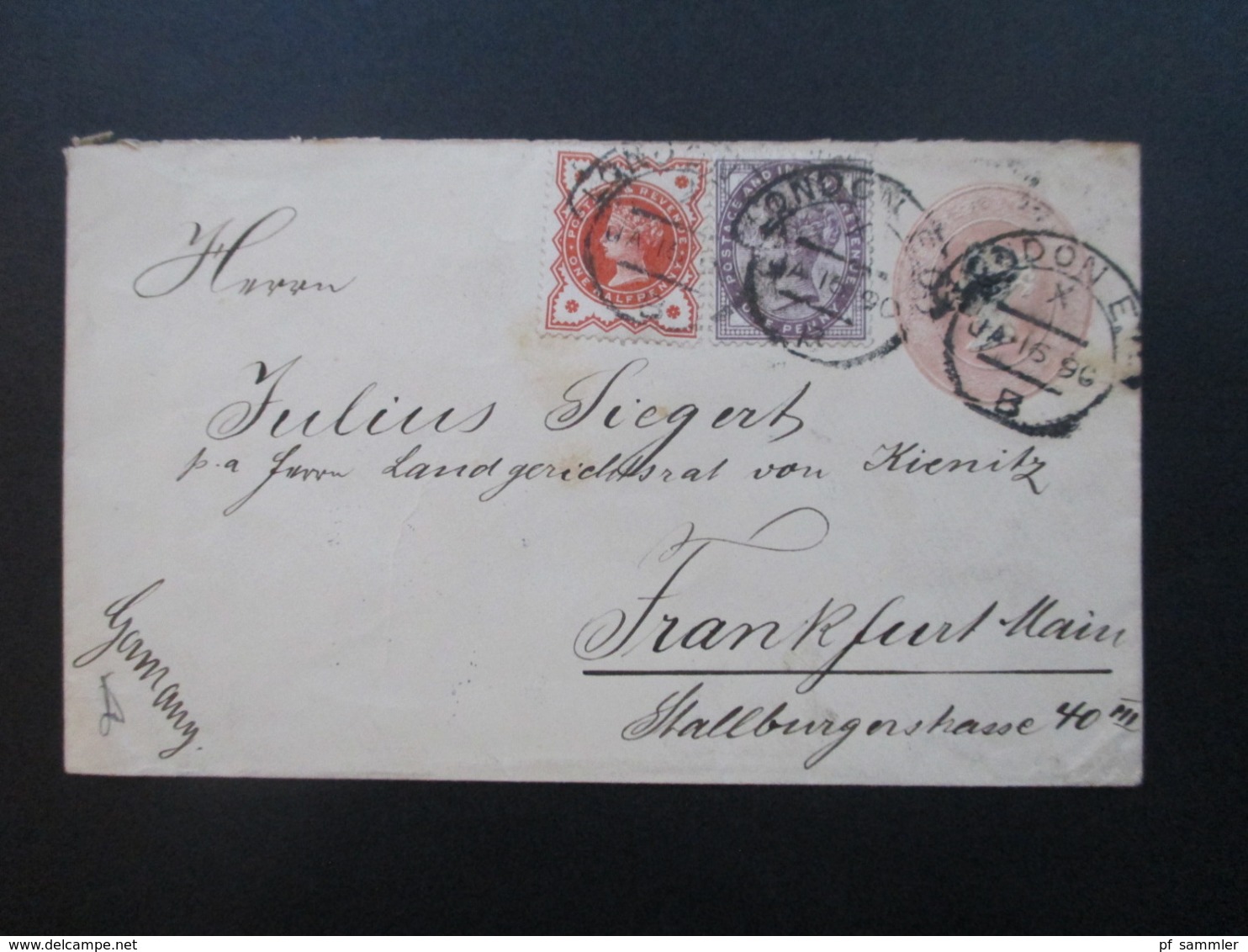 GB 1890 GA Umschlag Mit Zusatzfrankatur Nr. 65 Und 86 Nach Frankfurt Gesndet Mit Ak Stempel Landgerichtsrat Siegert - Briefe U. Dokumente