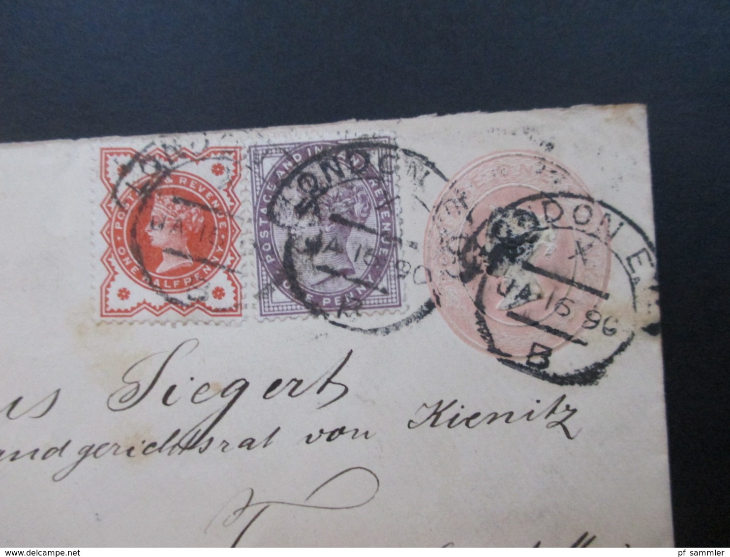 GB 1890 GA Umschlag Mit Zusatzfrankatur Nr. 65 Und 86 Nach Frankfurt Gesndet Mit Ak Stempel Landgerichtsrat Siegert - Covers & Documents