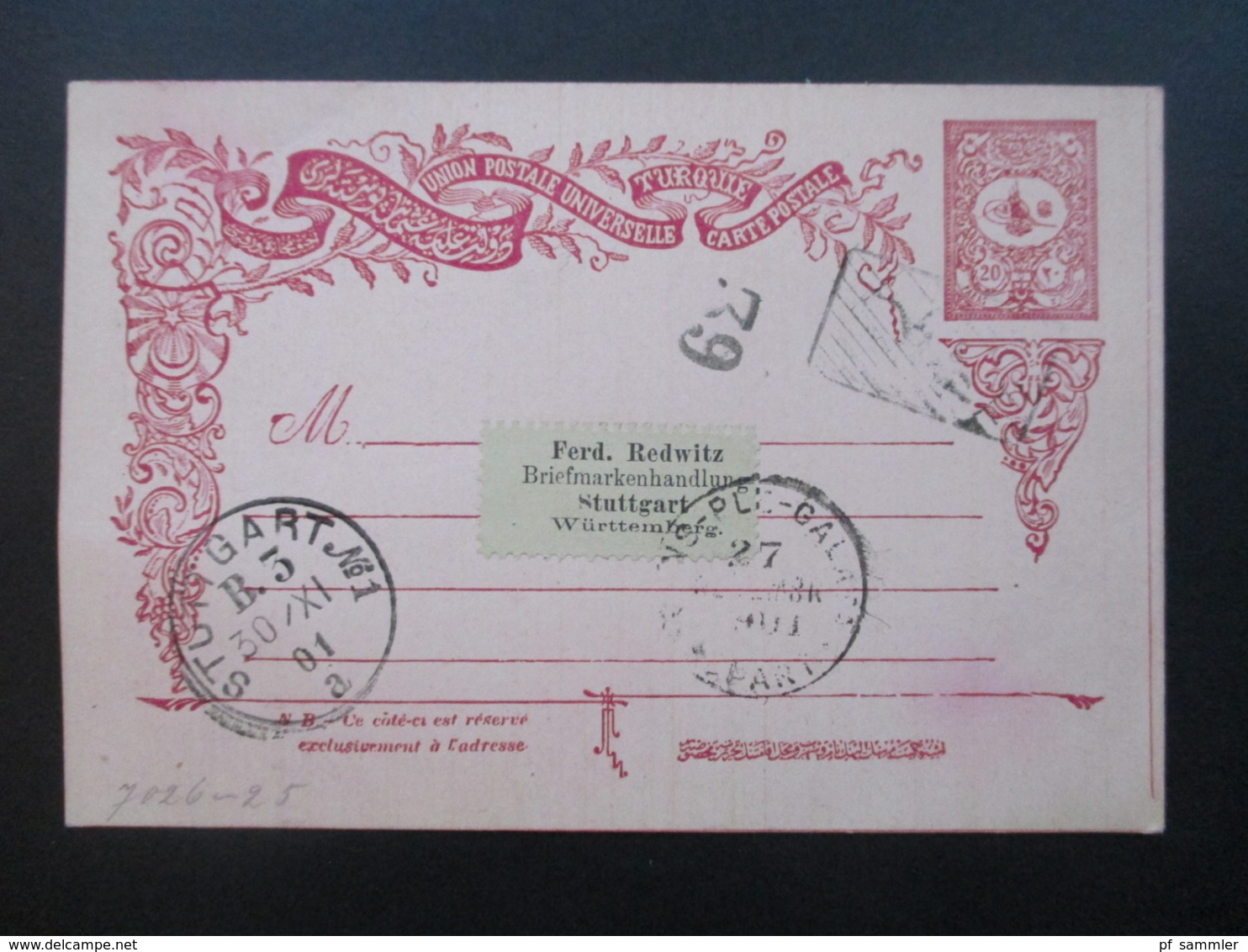 Türkei 1901 Ganzsache An Ferd. Redwitz Briefmarkenhandlung Stuttgart Mit 3 Stempeln - Brieven En Documenten