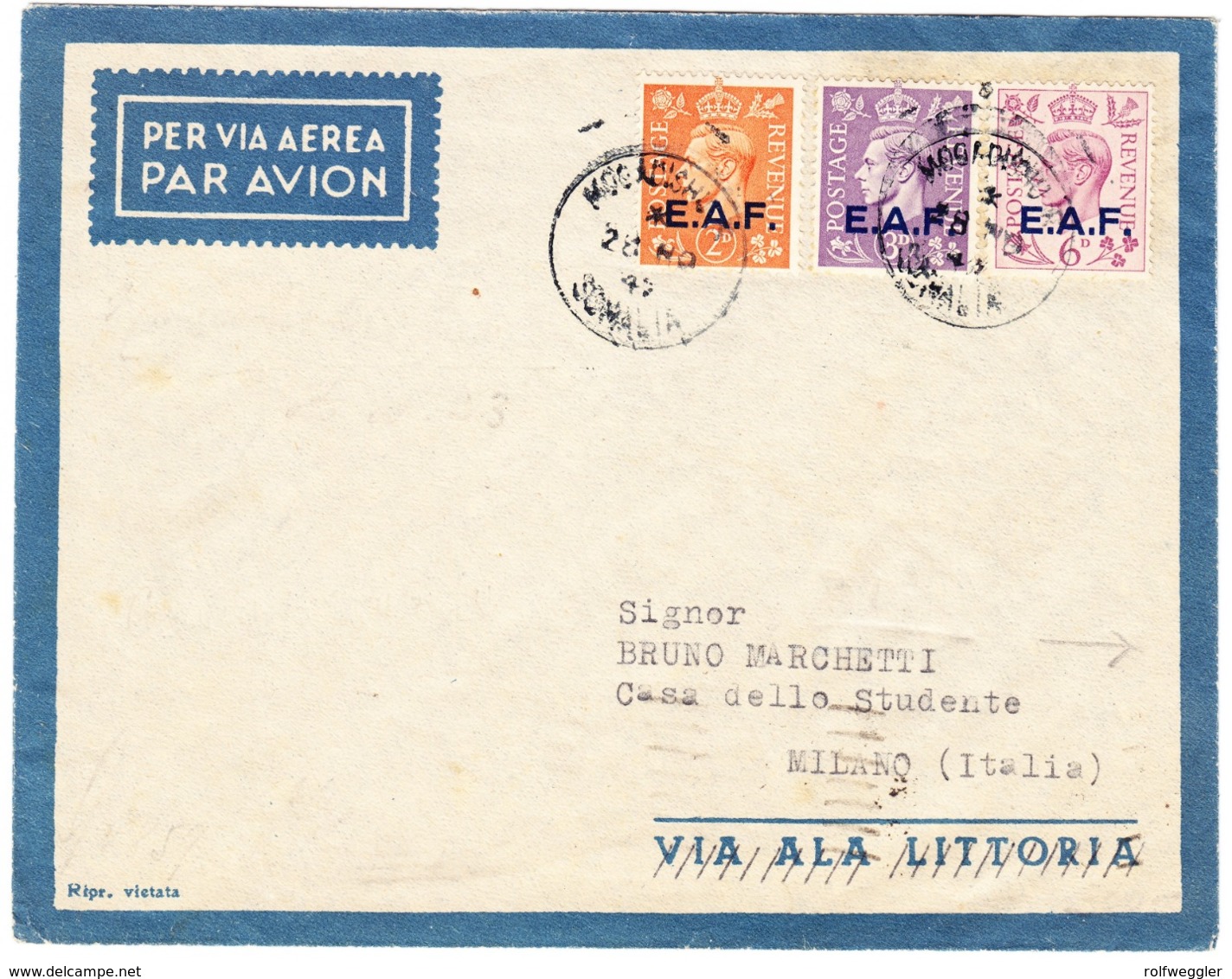 1947 Flugbrief Aus Mogadischu Nach Mailand, Britische Marken Mit Aufdruck E.A.F. - Levant Britannique