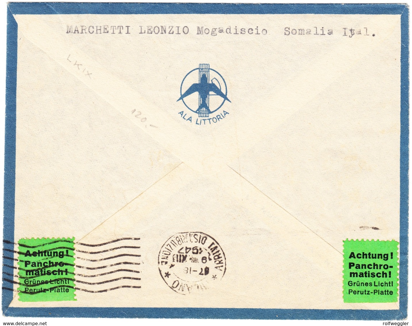 1947 Flugbrief Aus Mogadischu Nach Mailand, Britische Marken Mit Aufdruck E.A.F. - Levante Británica