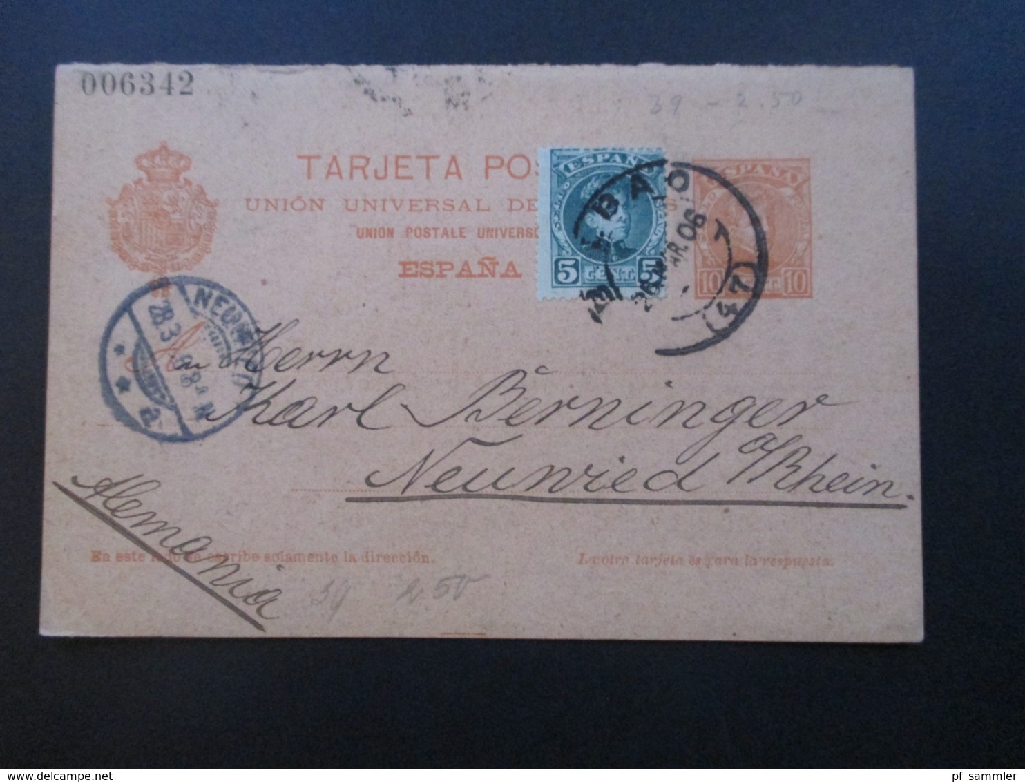 Spanien 1906 Ganzsache P 39 II Komplette Doppelkarte Mit Zusatzfrankatur Bilbao - Neuwied - Storia Postale