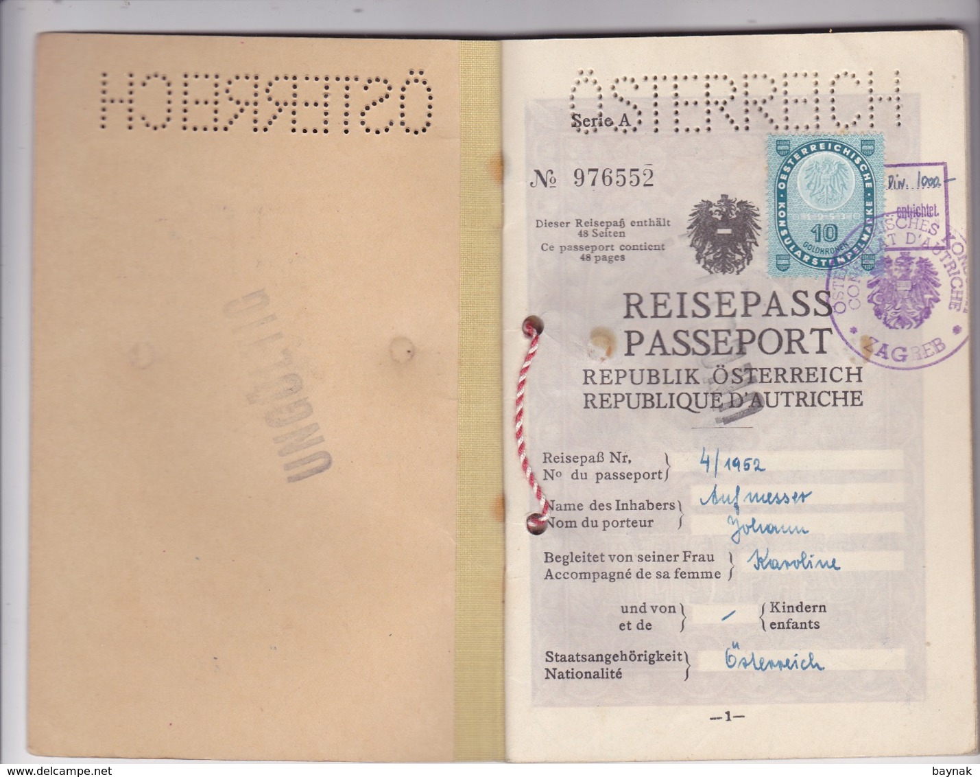 Q90  - AUSTRIA  -- 1952  -  FAMILY  PASSPORT  -  MANN & LADY --  LADY FROM CZERNOWITZ, UKRAINA  -  VISA + TAX STAMP - Historische Dokumente