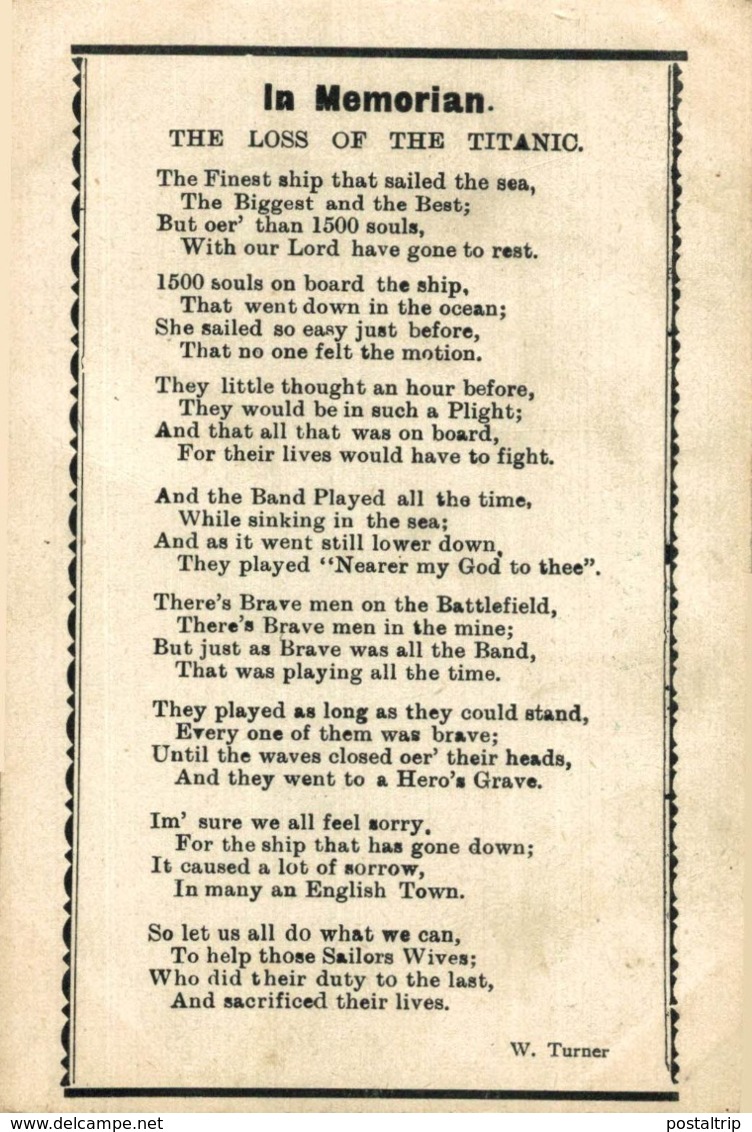 TITANIC IN MEMORIAM THE LOSS OF THE TITANIC W TURNER - Dampfer