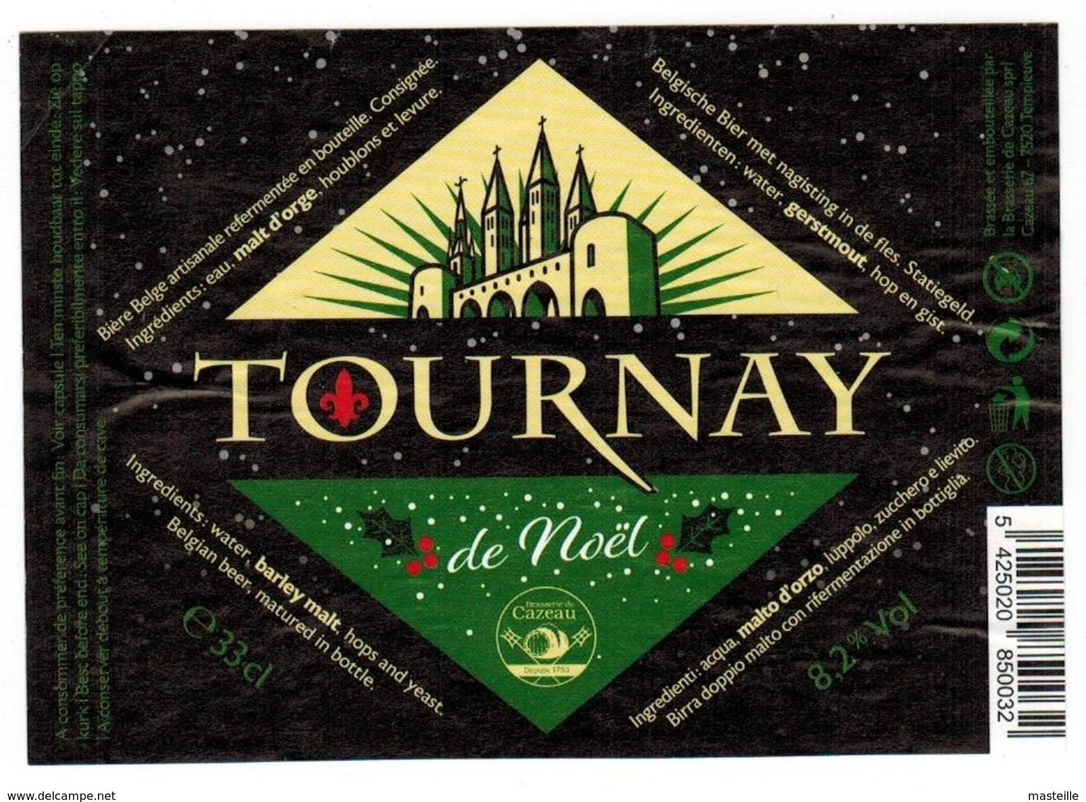 Etiquette Bière Tournay De Noël 33 Cl Brasserie Cazeau, Templeuve Bier Etiket Beer Label - Beer