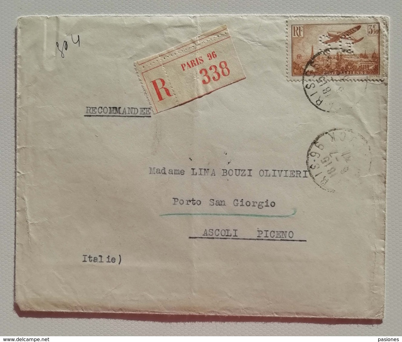 Raccomandata Da Parigi Per Porto San Giorgio - 06/07/1937 "perfin" A13 Isolato - 1960-.... Storia Postale