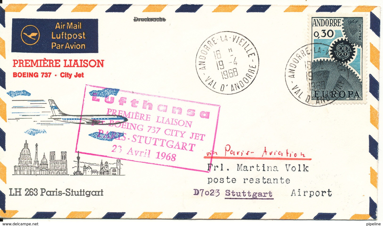 French Andorra Cover First Lufthansa Flight Boeing 737 City Jet Paris Stuttgart 23-4-1968 - Covers & Documents