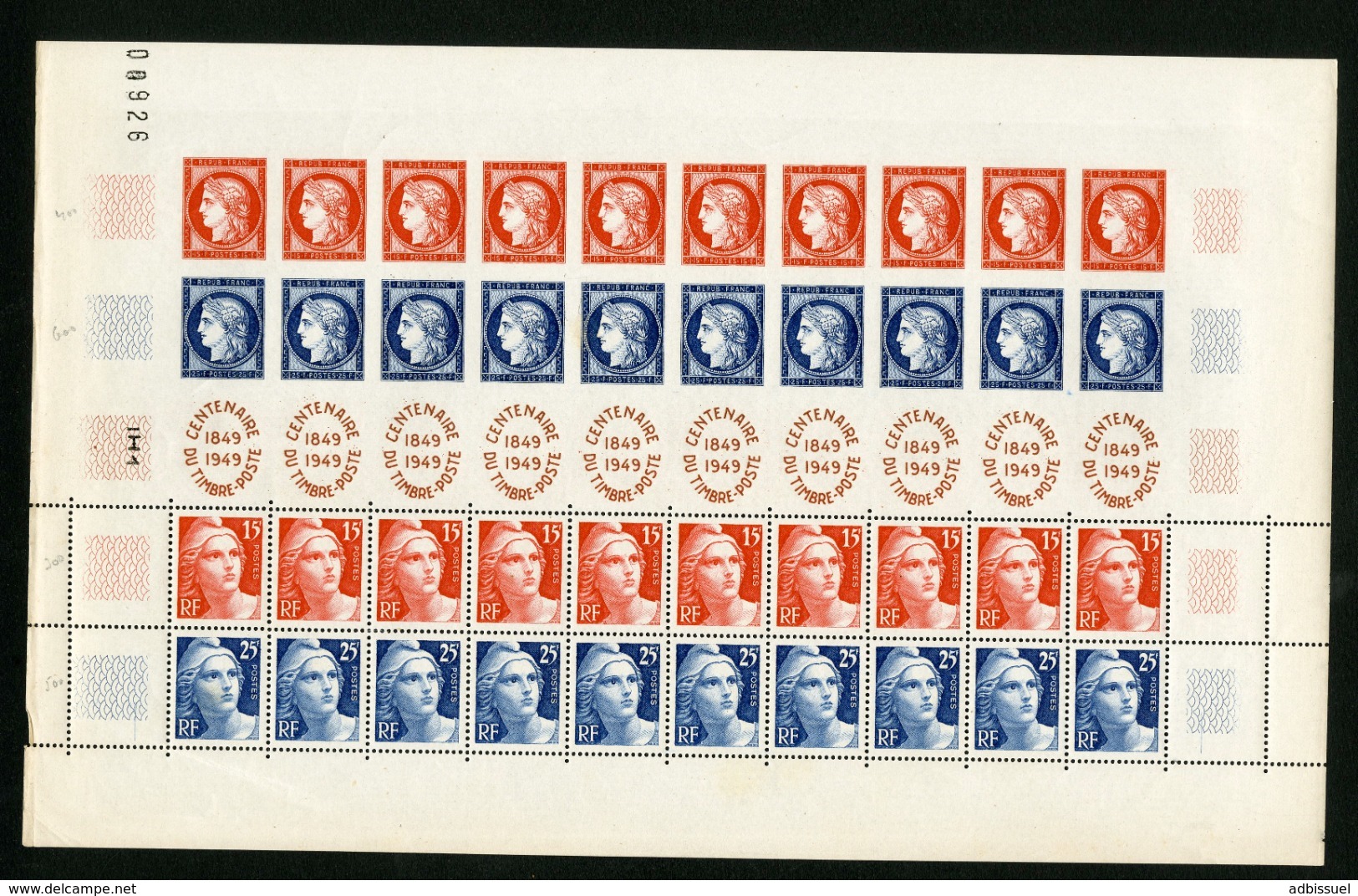 N° 833A ** MNH Cote 200 €. Feuille Avec 10 Bandes "Centenaire Du Timbre Poste" - Unused Stamps