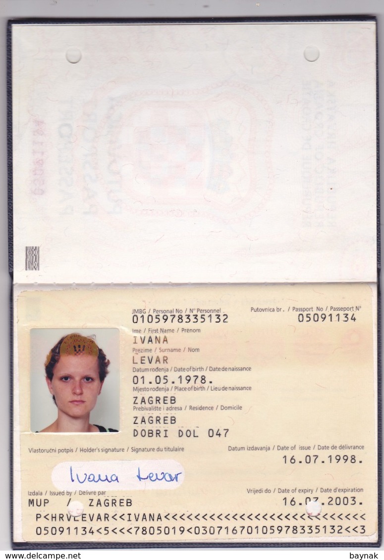 C6  --  PASSPORT  --   CROATIA  --  I.  MODEL  --  1998  --   20 YEAR OLD  --   LADY PHOTO - Historische Dokumente