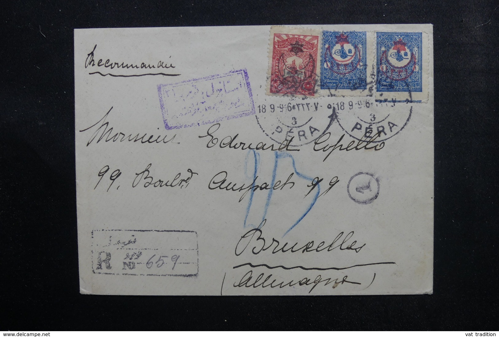 TURQUIE - Enveloppe En Recommandé De Péra Pour Bruxelles ( Envahi ) En 1916, Affranchissement Plaisant - L 46487 - Lettres & Documents