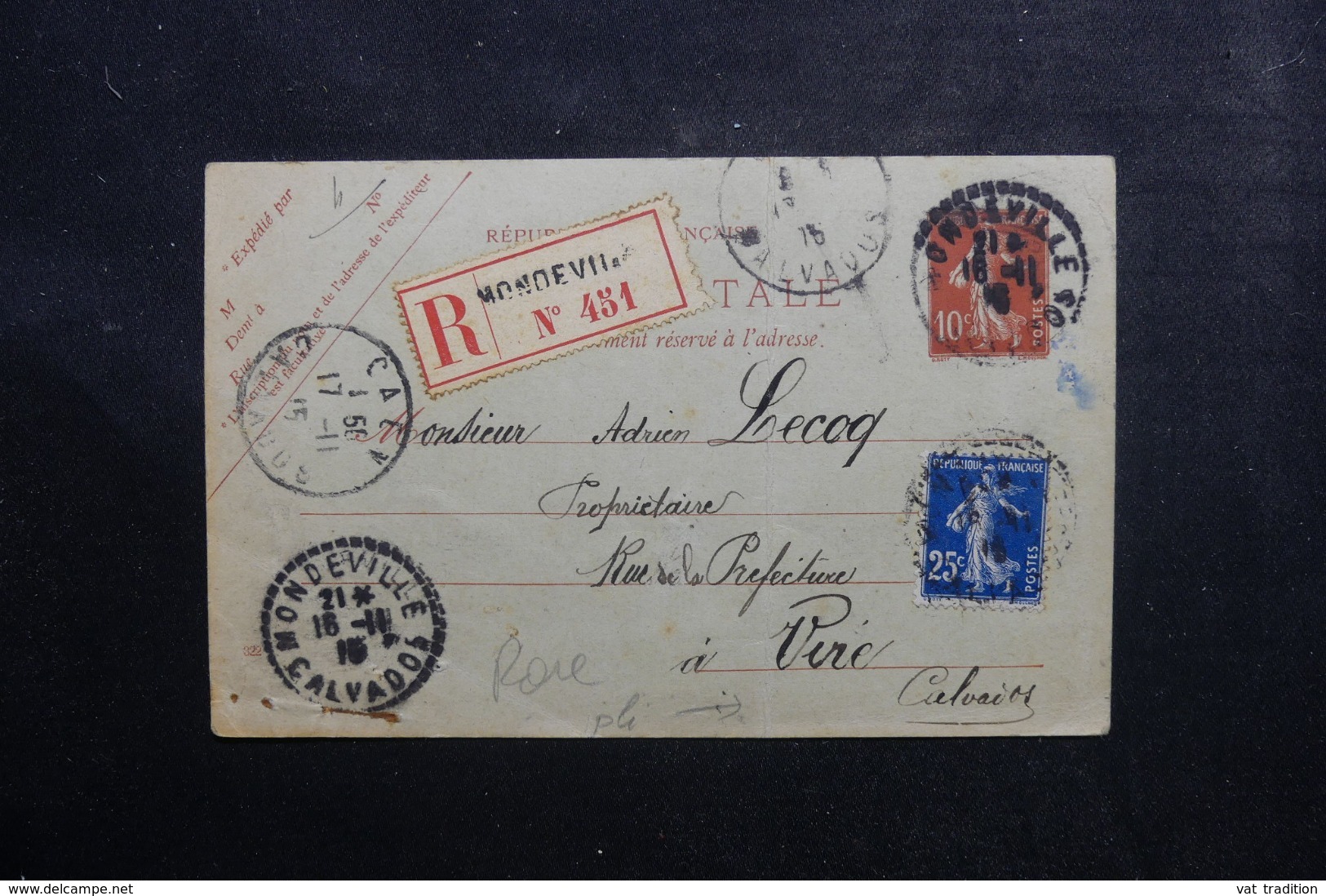 FRANCE - Entier Postal Type Semeuse + Complément En Recommandé De Mondeville Pour Vire En 1915 - L 46488 - Cartes Postales Types Et TSC (avant 1995)