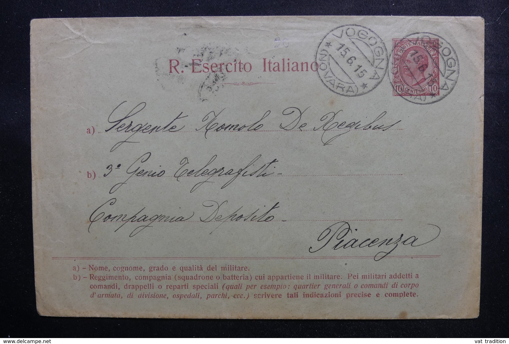 ITALIE - Entier Postal Militaire De Vogogna Pour Piacenza En 1915 - L 46490 - Interi Postali