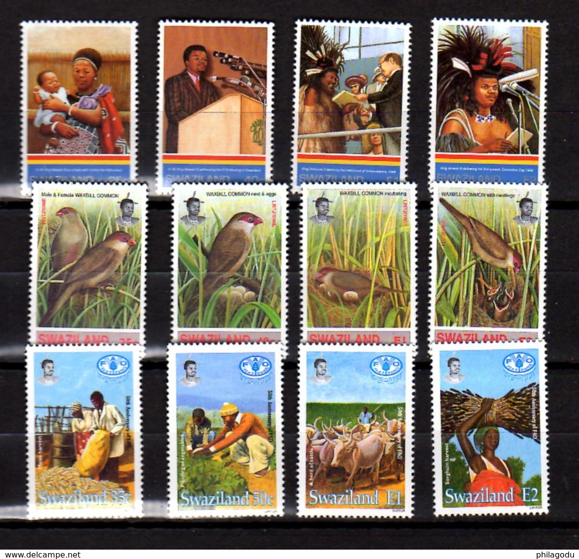 Swaziland 1983-95, Roi Mswati , « Bec-de-cire », F.A.O., 618/621-622/25- 642/645**, Cote 16,50 € - Swaziland (1968-...)