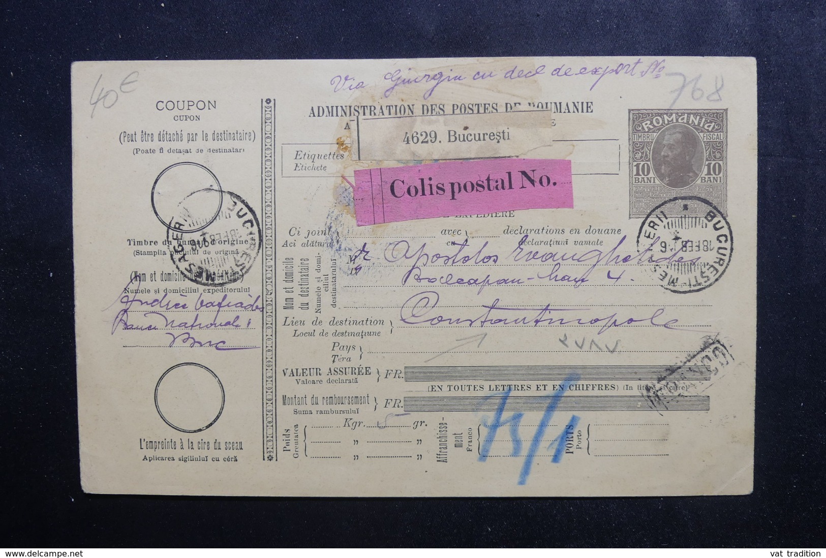 ROUMANIE - Bulletin De Colis Postal De Bucarest Pour Constantinople En 1916 - L 46497 - Entiers Postaux