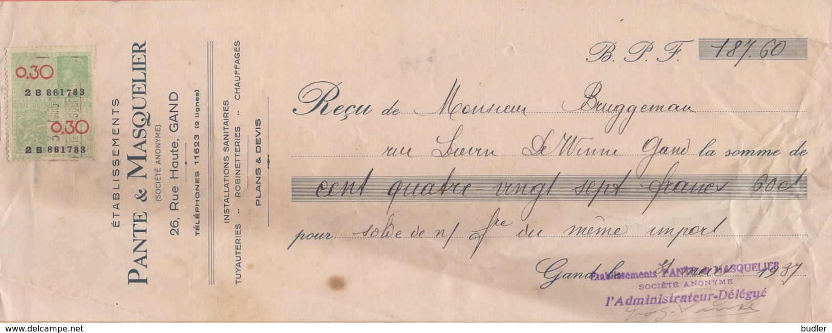 1937: Wissel Van / Traite De ## Établ. PANTE & MASQUELIER, Rue Haute, 26, GAND ##  Aan/à ## Mr. BRUGGEMAN, Rue ... - Electricidad & Gas