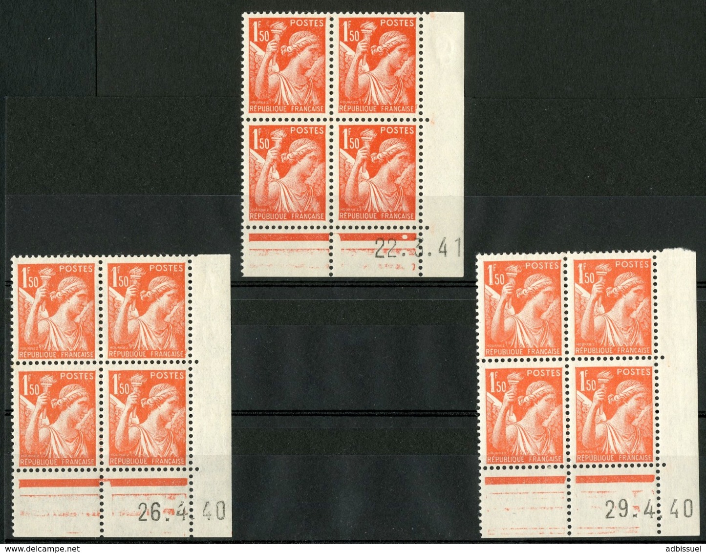 N° 435 ** (MNH). 3 Coins Datés Du 26/4/40, 29/4/40 Et 22/3/41. Blocs De Quatre "Iris". - 1940-1949