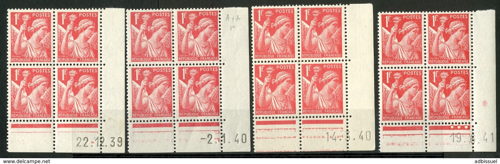 N° 433 **/* (MNH/MH). 4 Coins Datés Différents. Blocs De Quatre "Iris". - 1940-1949