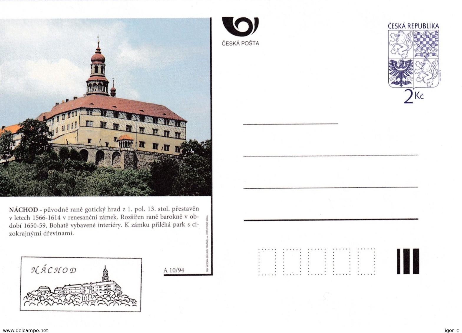 Czech Republic 1994 Postal Stationery Card: Architecture Castle Lion Eagle; NACHOD A10/94 - Sonstige & Ohne Zuordnung