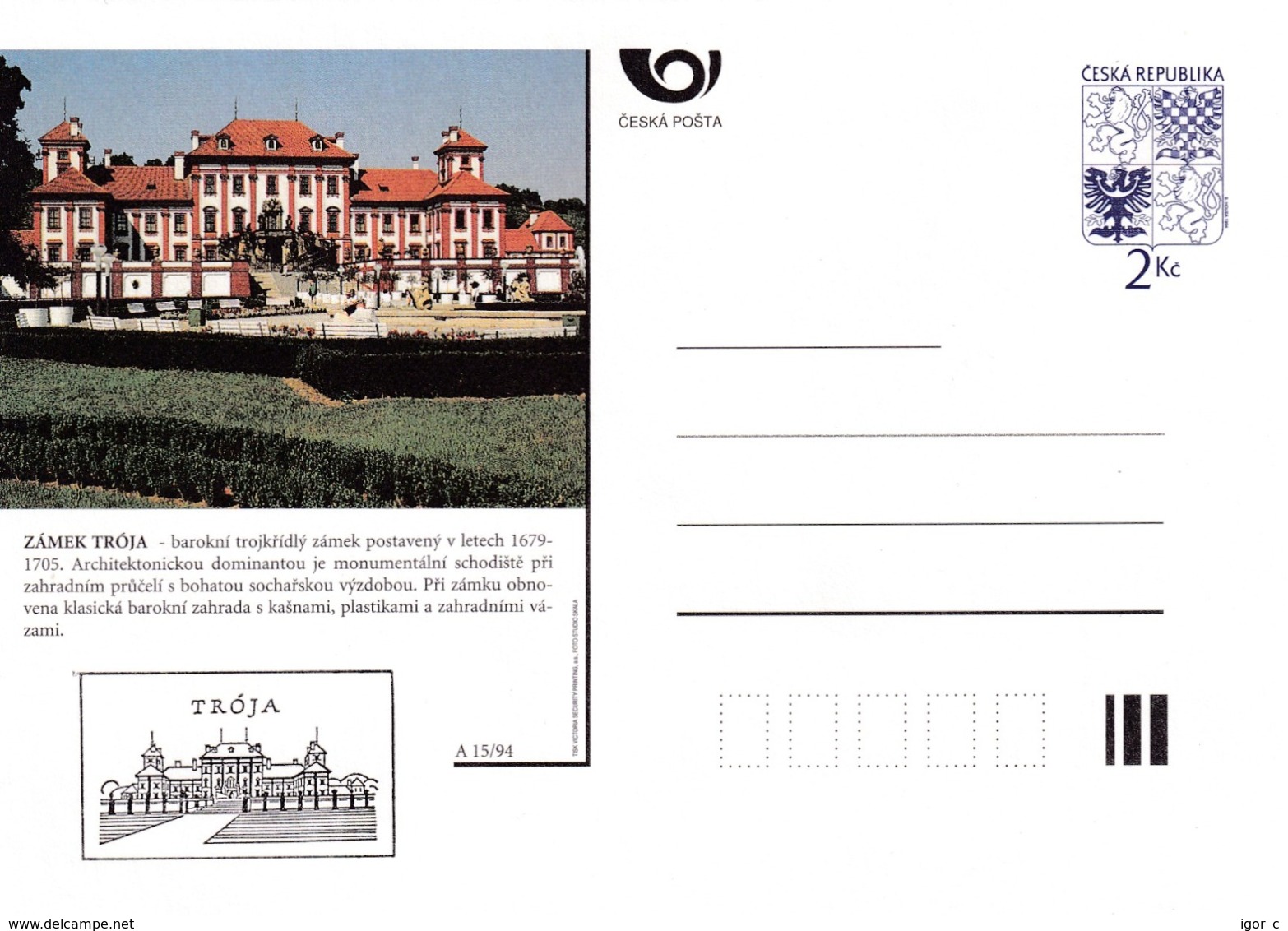Czech Republic 1994 Postal Stationery Card: Architecture Castle Lion Eagle; ZAMEK TROJA A15/94 - Sonstige & Ohne Zuordnung