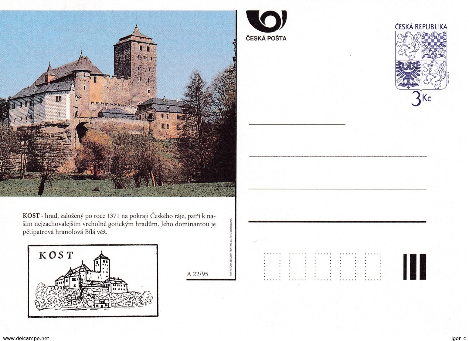 Czech Republic 1995 Postal Stationery Card: Architecture Castle Lion Eagle; KOST A22/95 - Sonstige & Ohne Zuordnung