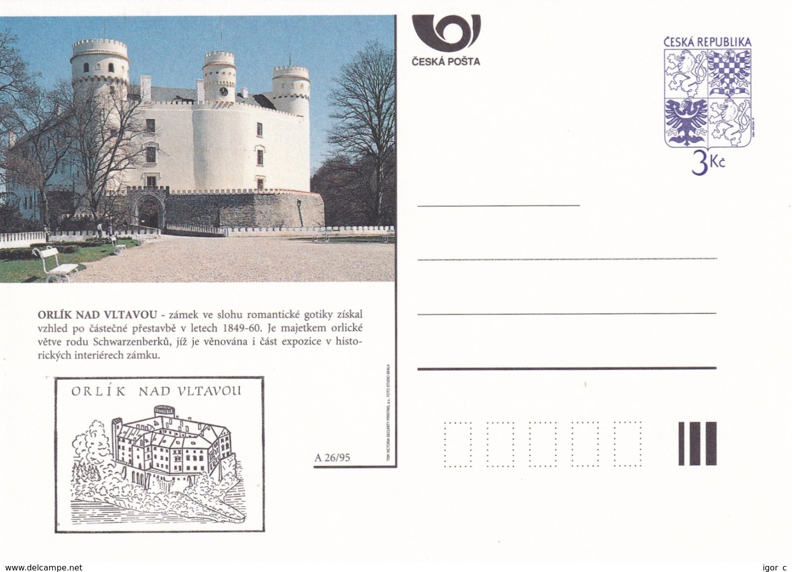 Czech Republic 1995 Postal Stationery Card: Architecture Castle Lion Eagle; ORLIK NAD VLTAVOU A26/95 - Sonstige & Ohne Zuordnung