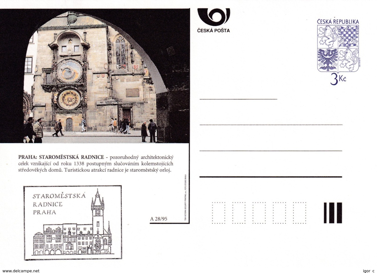 Czech Republic 1995 Postal Stationery Card: Architecture Castle Lion Eagle; PRAHA STAROMESTSKA RADNICE A28/95 - Sonstige & Ohne Zuordnung