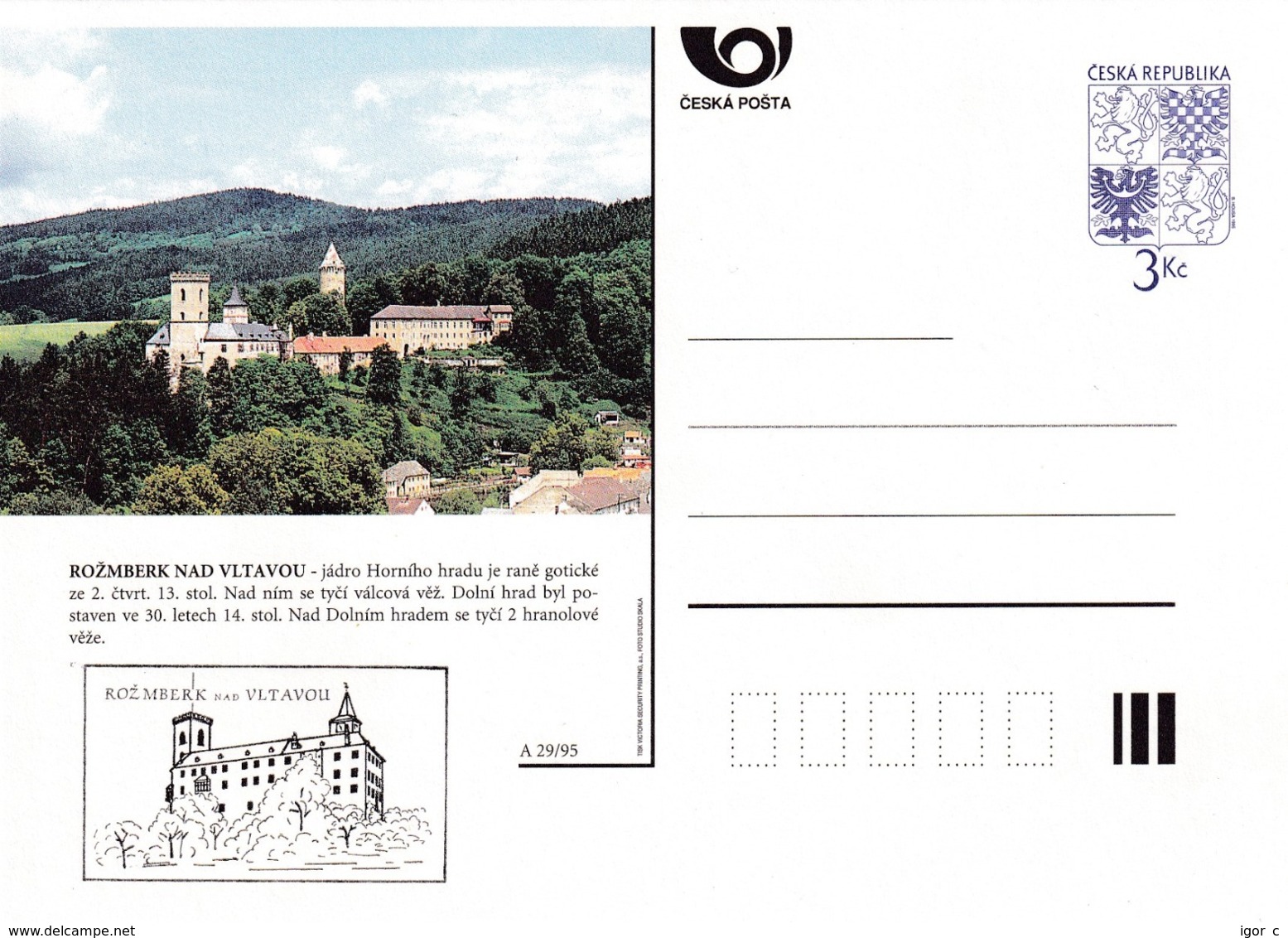 Czech Republic 1995 Postal Stationery Card: Architecture Castle Lion Eagle; ROZMBERK NAD VLTAVOU A29/95 - Sonstige & Ohne Zuordnung