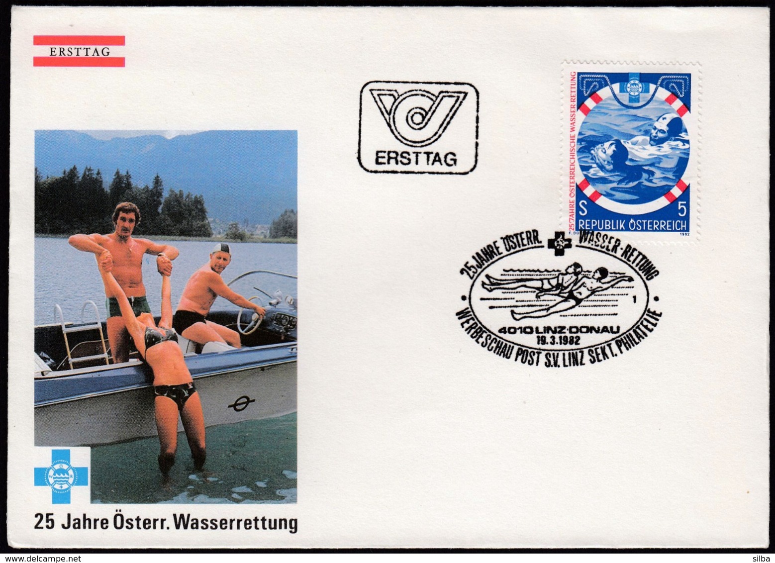 Austria Linz 1982 / 25 Years Of Austrian Water Saving Forces / Swimming, Boat / First Aid / Cancel No. 1 / FDC - Secourisme