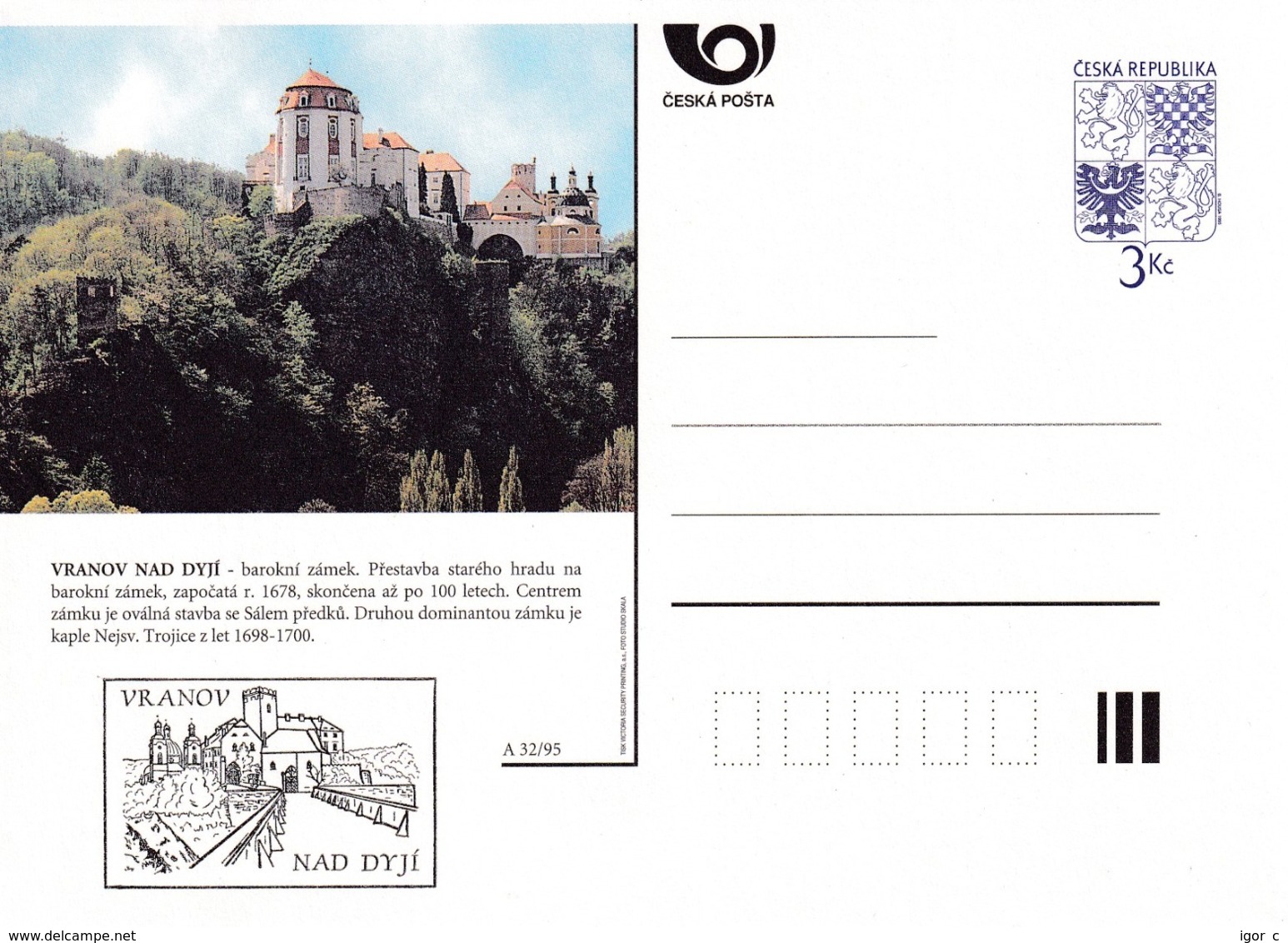 Czech Republic 1995 Postal Stationery Card: Architecture Castle Lion Eagle; VRANOV NAD DYJI  A32/95 - Sonstige & Ohne Zuordnung