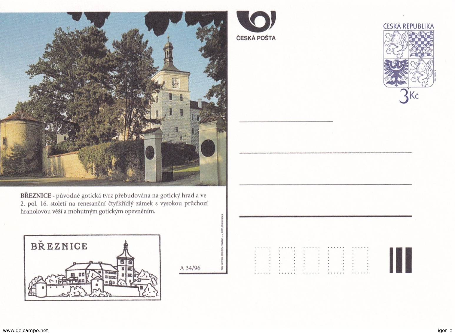 Czech Republic 1996 Postal Stationery Card: Architecture Castle Lion Eagle; BREZNICE  A34/96 - Sonstige & Ohne Zuordnung