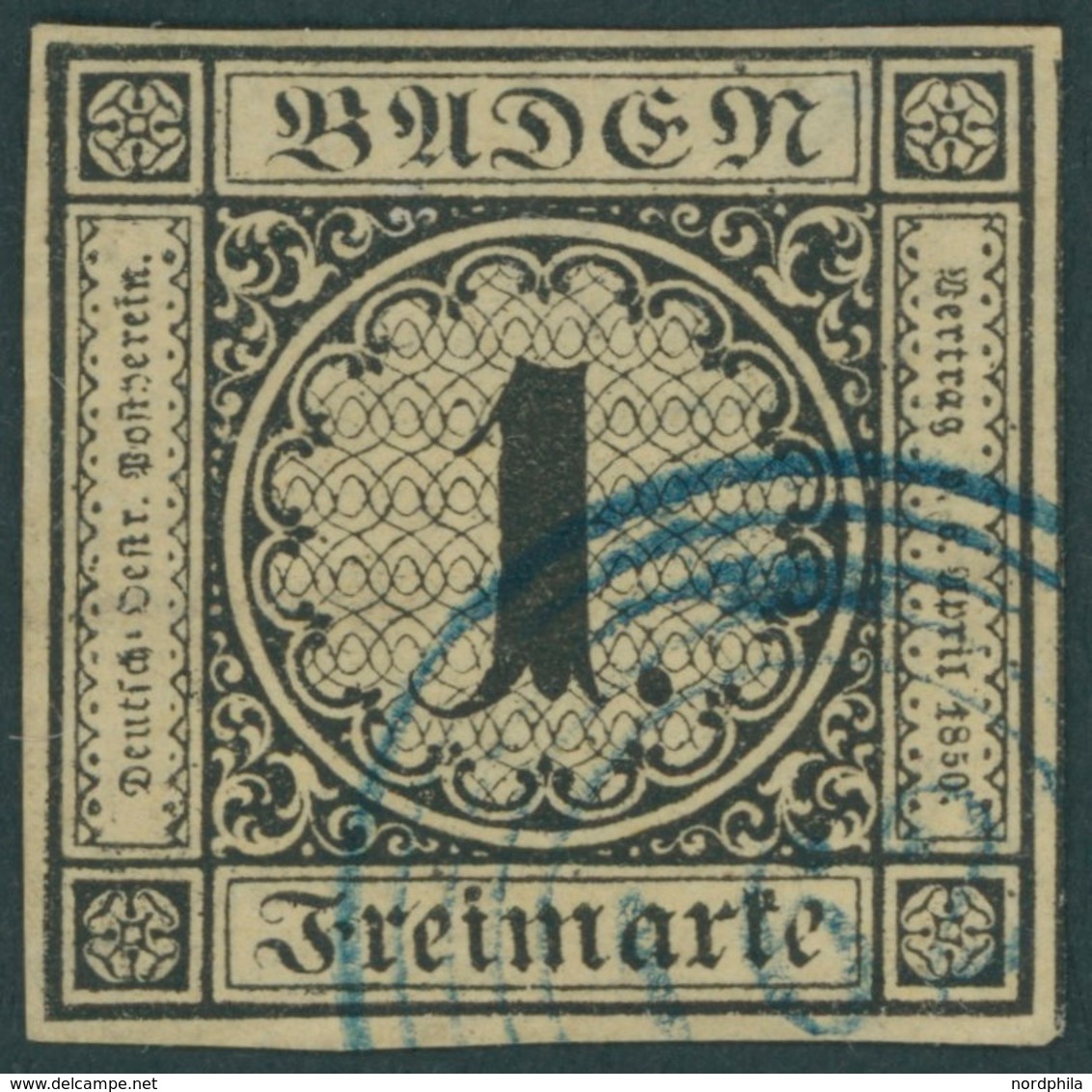 BADEN 1a O, 1851, 1 Kr. Schwarz Auf Sämisch Mit Blauem Nummernstempel 162 (Zell A.H.), Allseits Breitrandig!, Kleine Fal - Autres & Non Classés