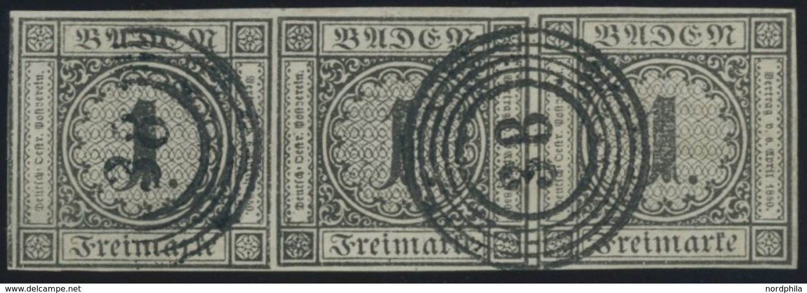 BADEN 5 O, 1853, 1 Kr. Schwarz Im Waagerechten, Allseits Breitrandigen Dreierstreifen, Nummernstempel 38 (ENGER), Rechte - Other & Unclassified