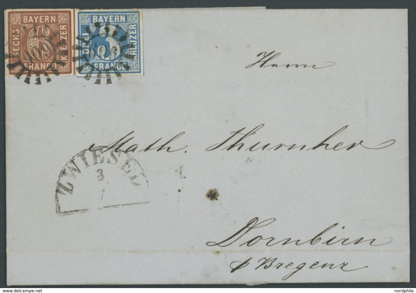 BAYERN 2II,4II BRIEF, 1858, 3 Kr. Blau Mit MR-Stempeln 606 Auf Brief Von ZWIESEL Nach Dornbirn, Pracht - Sonstige & Ohne Zuordnung