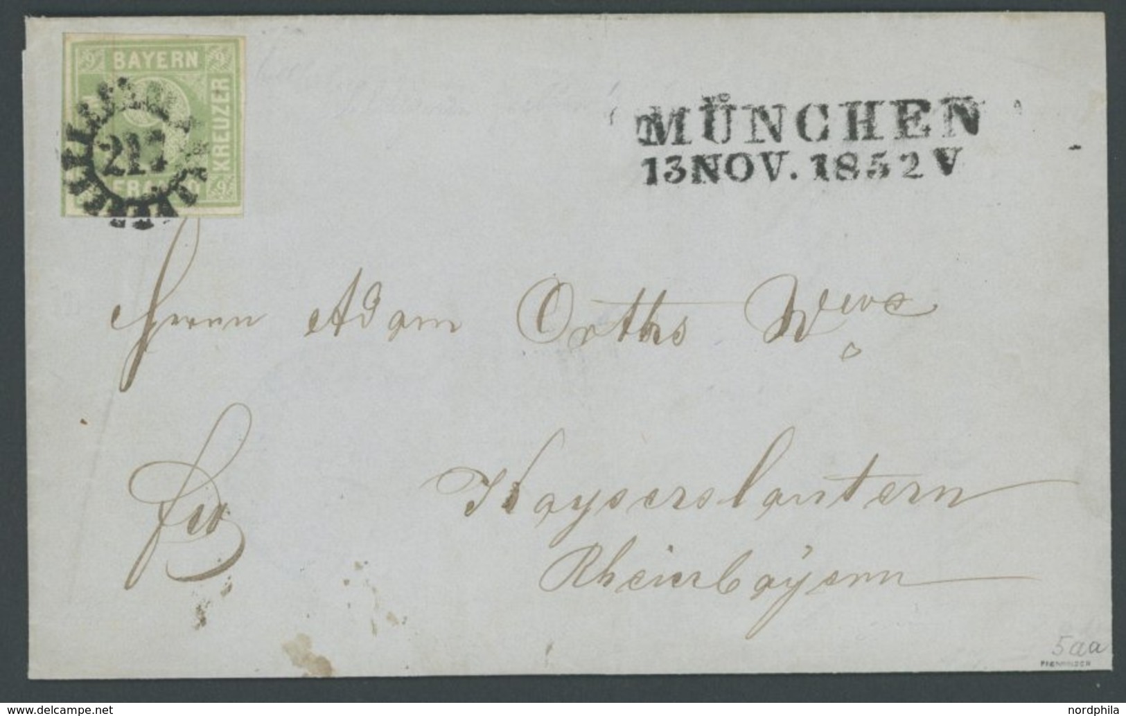BAYERN 1852, 9 Kr. Mattblaugrün, Type II, Prachtbrief Von MÜNCHEN Nach Kaiserslautern, Gepr. Pfenninger Und Brettl - Otros & Sin Clasificación