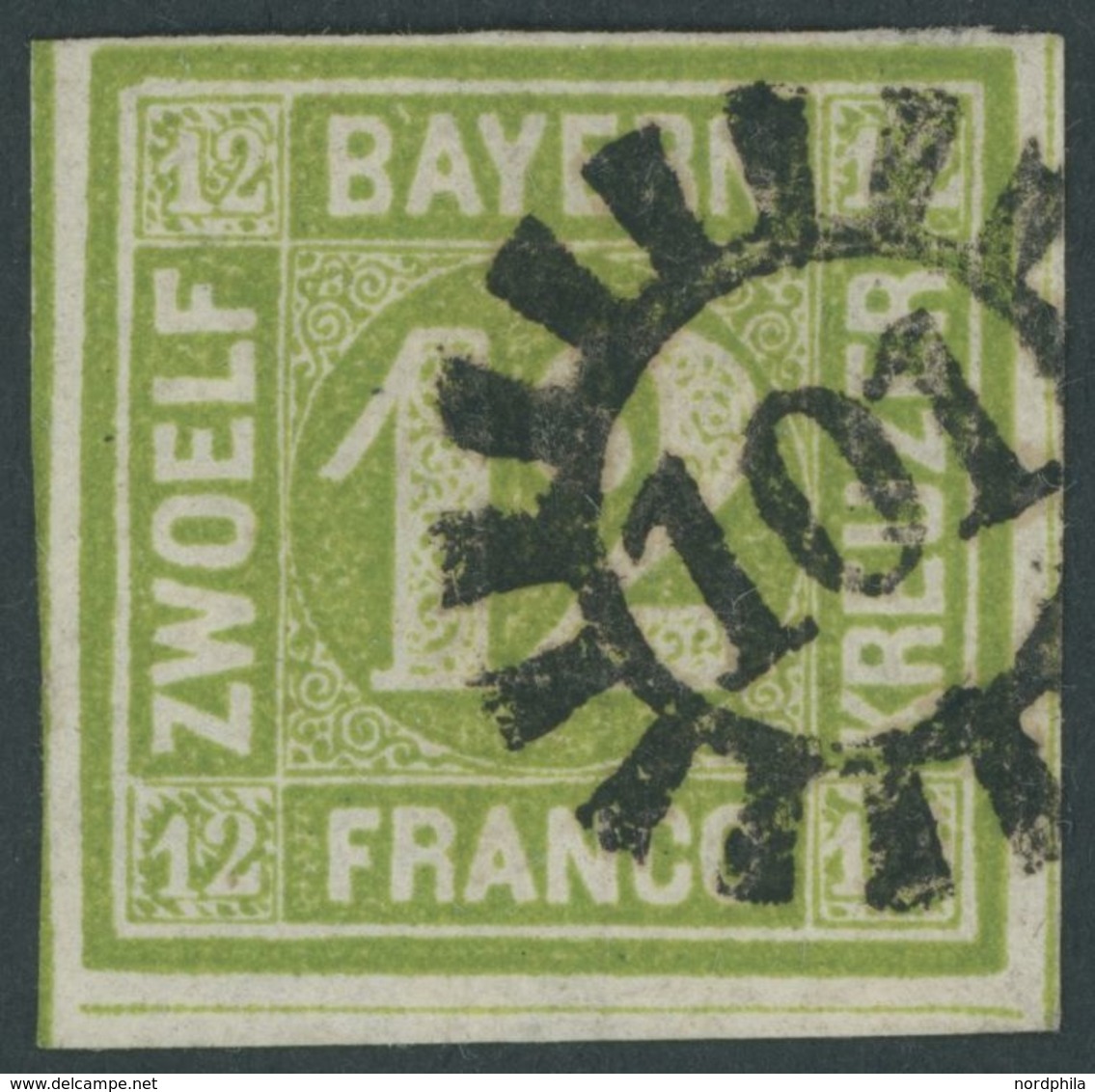 BAYERN 12 O, 1862, 12 Kr. Dunkelgelbgrün, MR-Stempel 101 (EDENKOBEN), Pracht, Mi. 100.- - Sonstige & Ohne Zuordnung
