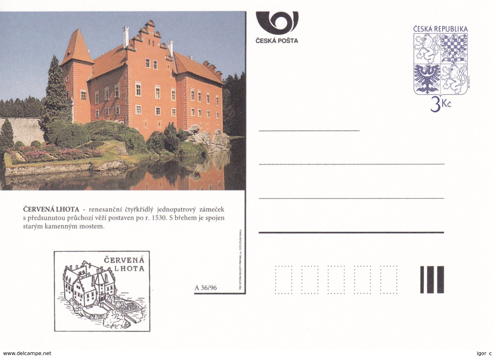 Czech Republic 1996 Postal Stationery Card: Architecture Castle Lion Eagle; CERVENA LHOTA  A36/96 - Sonstige & Ohne Zuordnung