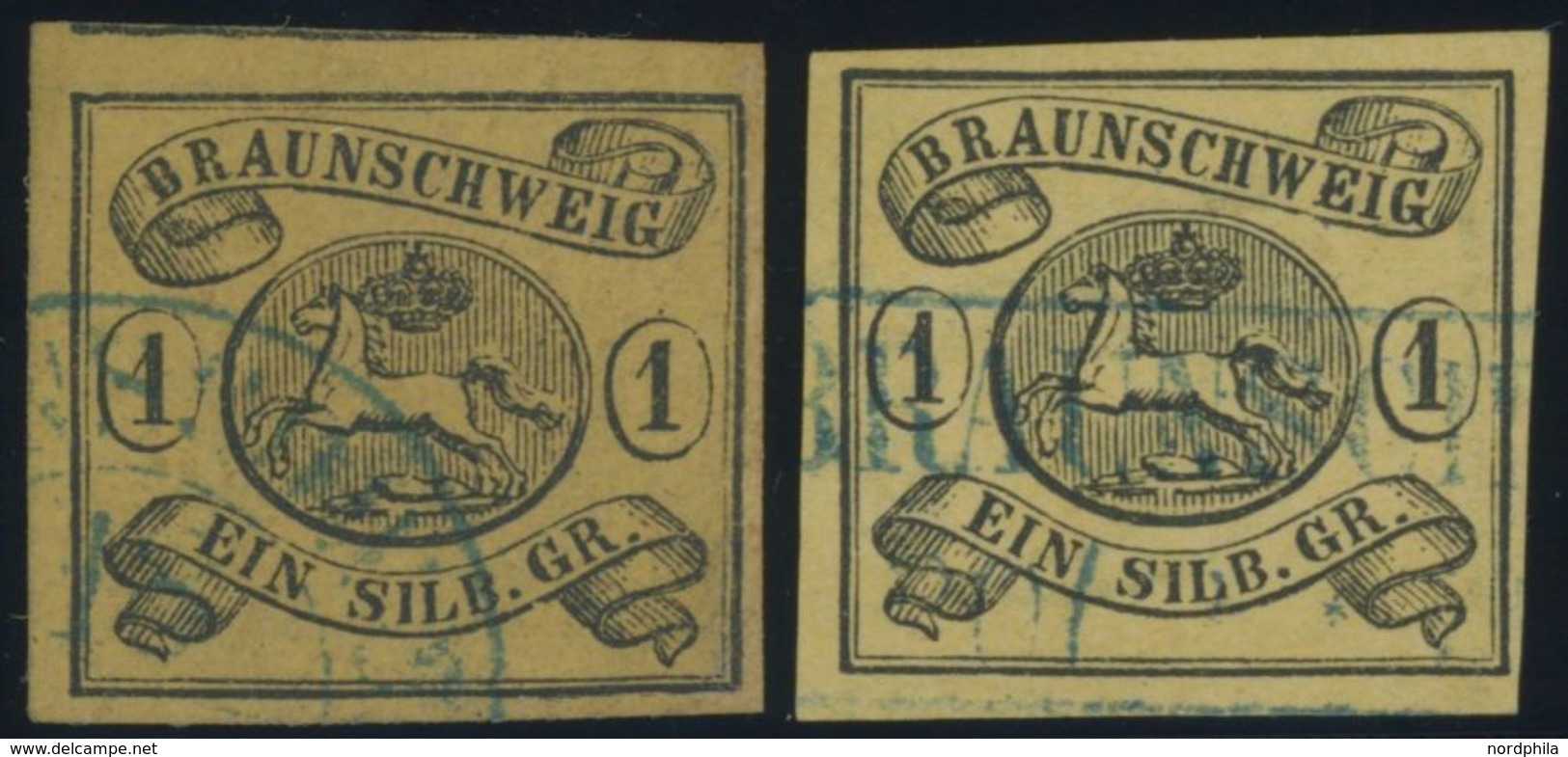 BRAUNSCHWEIG 6aY,b O, 1853, 1 Sgr. Schwarz Auf Sämisch, Wz. Mundstück Nach Links Und Auf Braungelb, 2 Prachtwerte, Mi. 1 - Brunswick