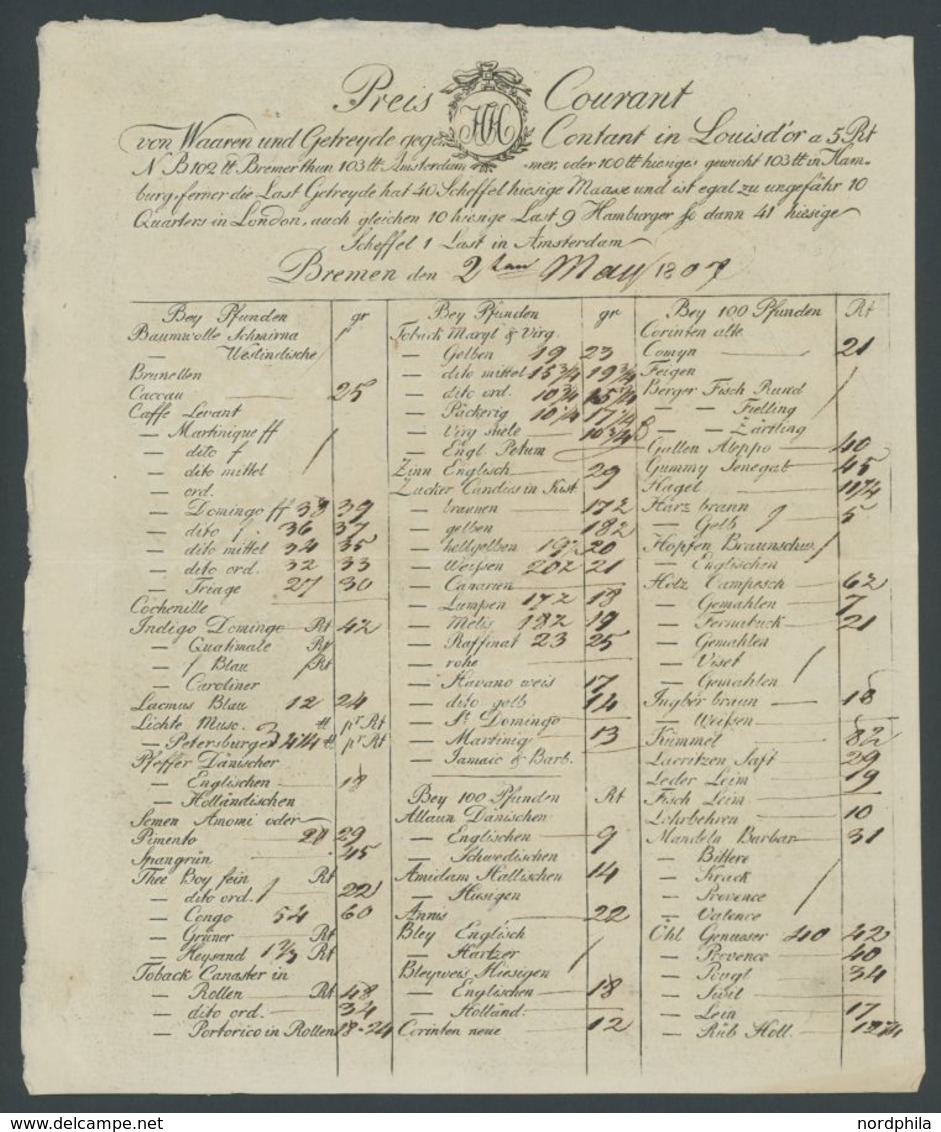 BREMEN 1807, Preis Courant, Preisliste Eines Waren Maklers, Pracht - Vorphilatelie